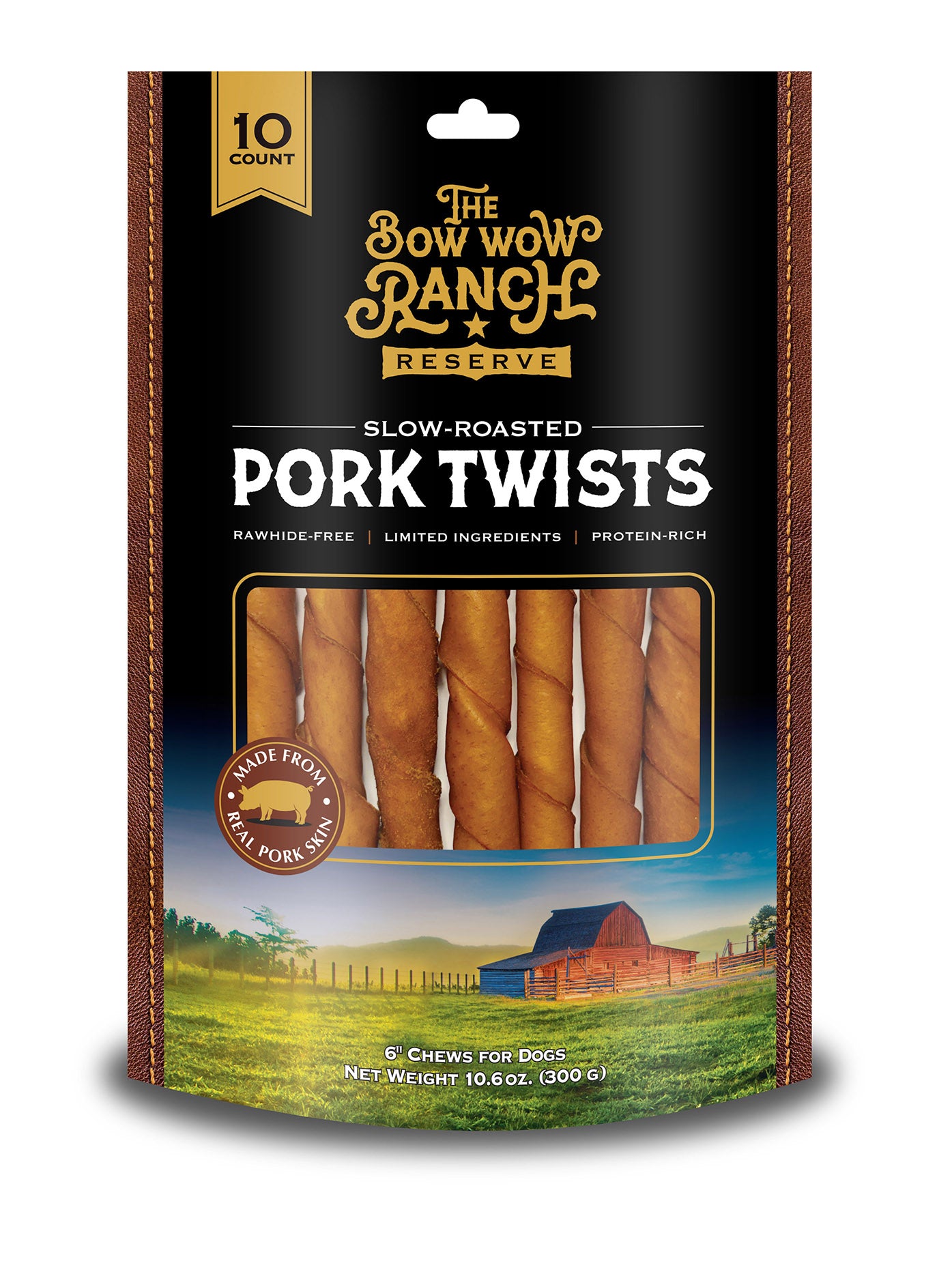 The Bow Wow Ranch 6" Roasted Pork Skin Twists, 10 Count